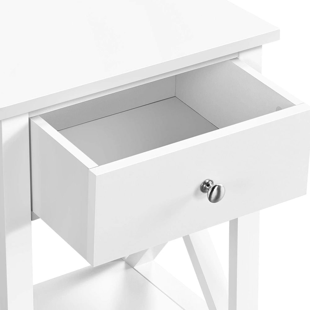 Nattbord 2 stk 40×30×55 cm / sidebord med skuff, åpen hylle og X-formede ben – Hvit
