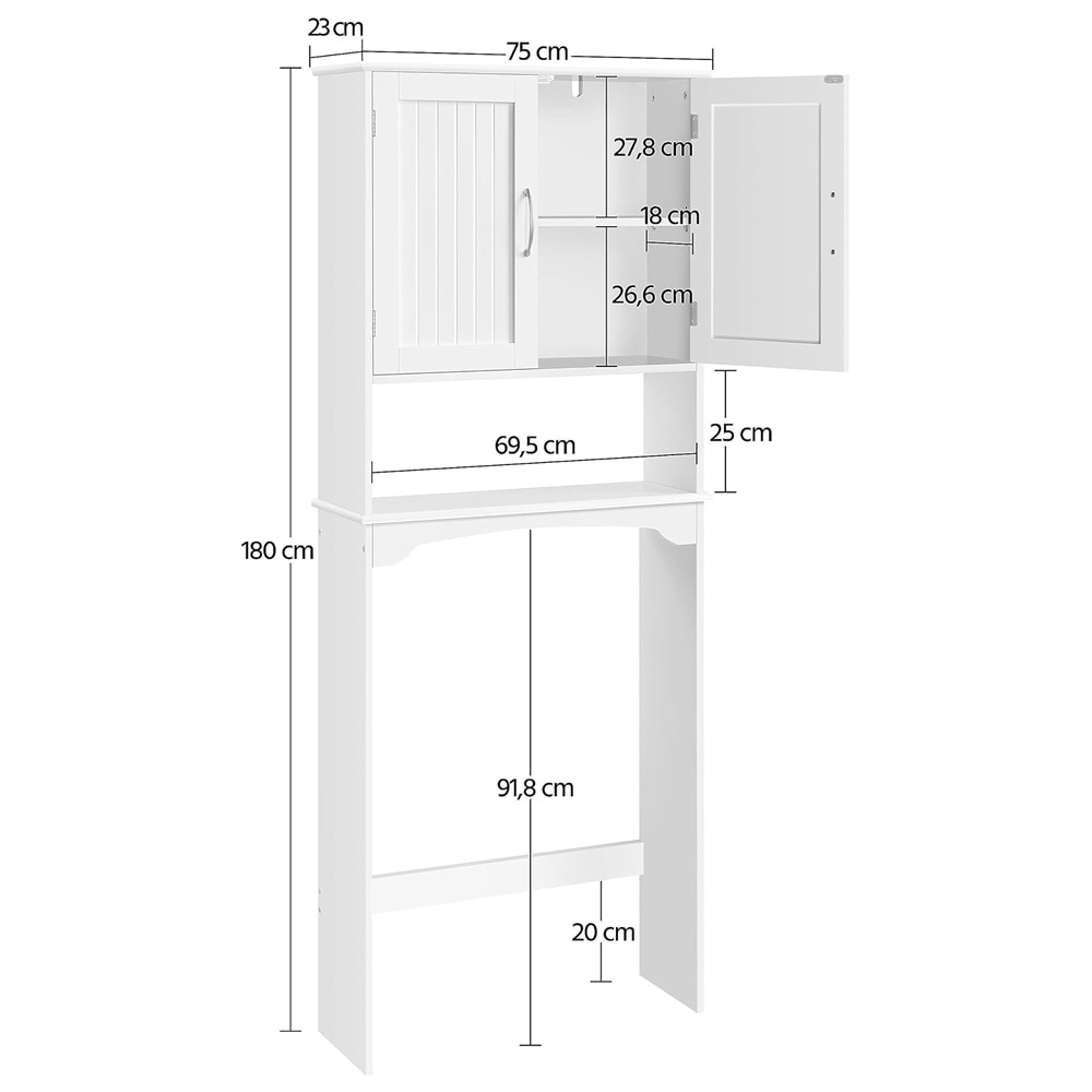 Baderomsskap over vaskemaskin eller toalett 75×23×180 cm / plassbesparende skap med hylle - Hvit