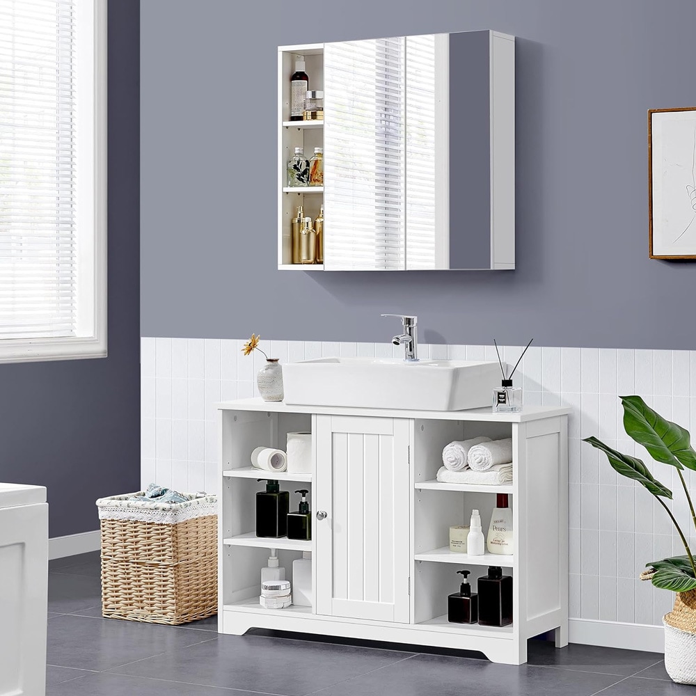Servantskap 90×30×60 cm / skap under vask med 6 åpne hyller og justerbar innredning – Hvit