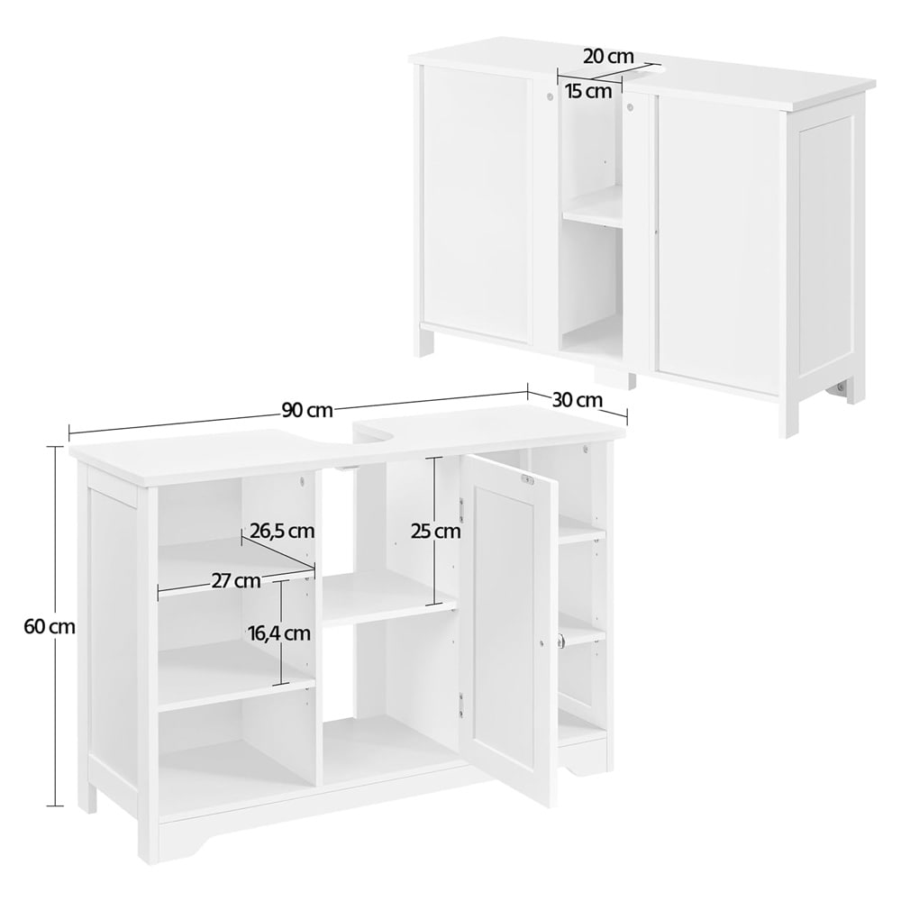 Servantskap 90×30×60 cm / skap under vask med 6 åpne hyller og justerbar innredning – Hvit