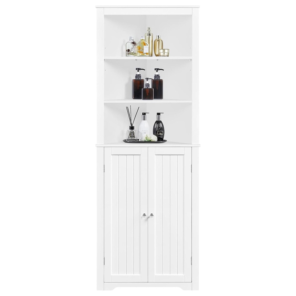 Hjørneskap 60×43×163 cm / høyt baderomsskap / høyskap med 3 åpne hyller og skapdører – Hvit