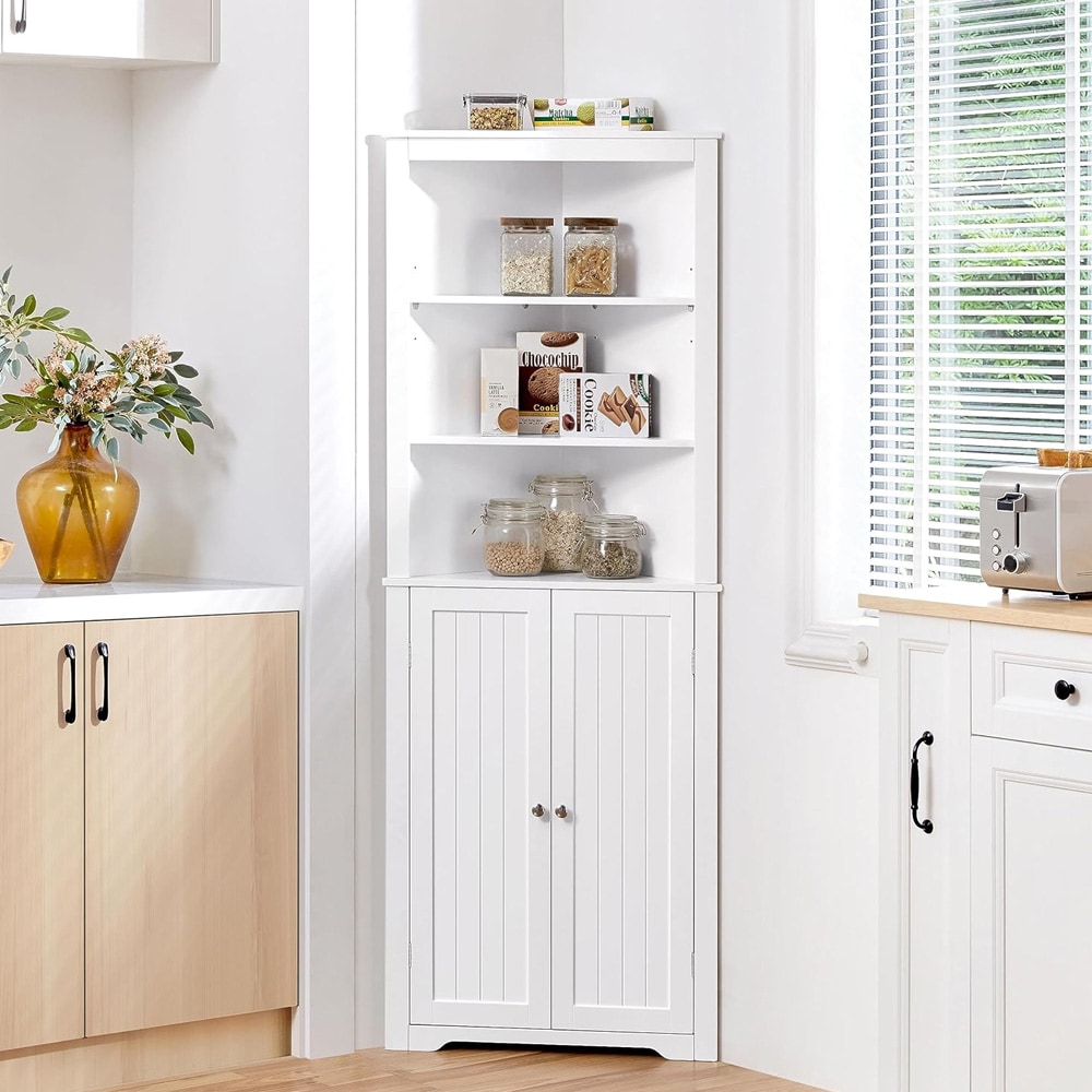 Hjørneskap 60×43×163 cm / høyt baderomsskap / høyskap med 3 åpne hyller og skapdører – Hvit