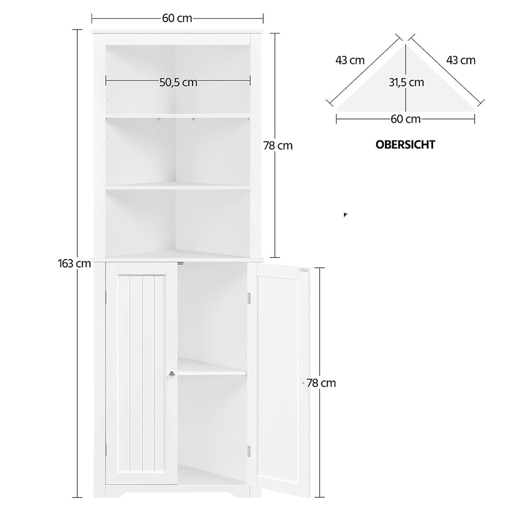 Hjørneskap 60×43×163 cm / høyt baderomsskap / høyskap med 3 åpne hyller og skapdører – Hvit