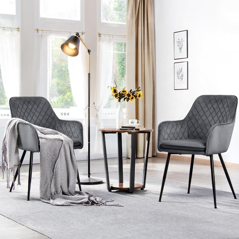 Spisestuestoler med armlener 2 stk / polstrede stoler / spisestoler med metallben – Grå/svart