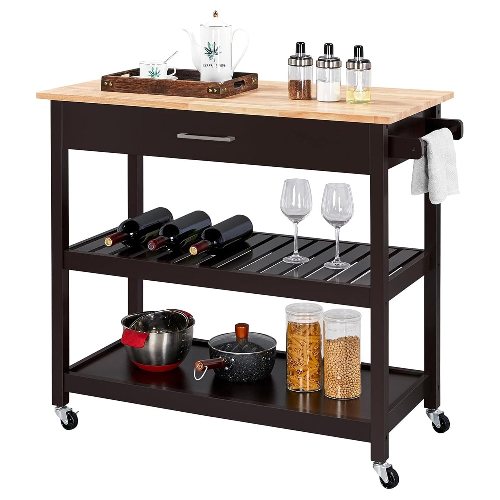 Serveringsvogn på hjul 51×101,5×92 cm / kjøkkenvogn / tralle med skuff og 2 hyller – Espressobrun