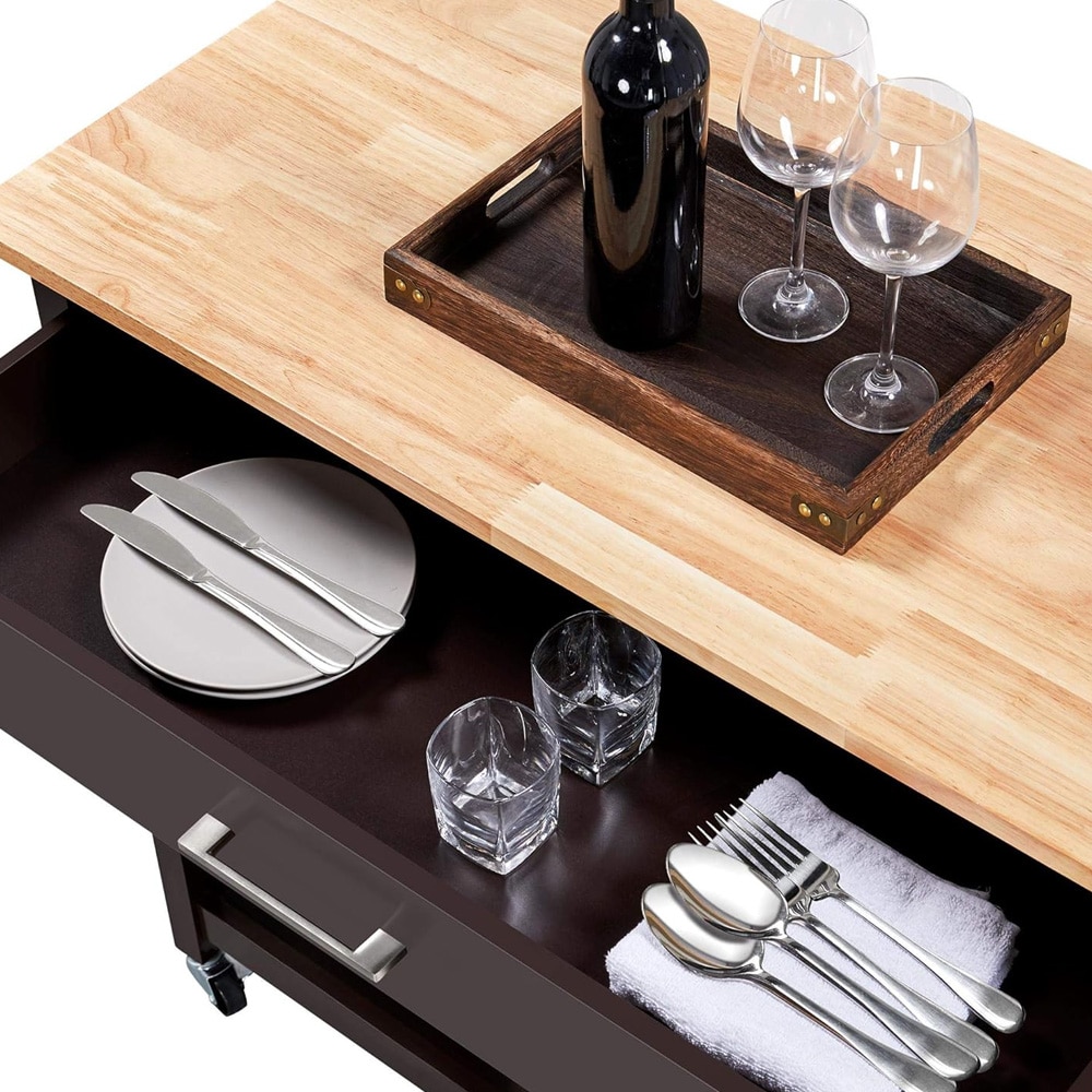 Serveringsvogn på hjul 51×101,5×92 cm / kjøkkenvogn / tralle med skuff og 2 hyller – Espressobrun