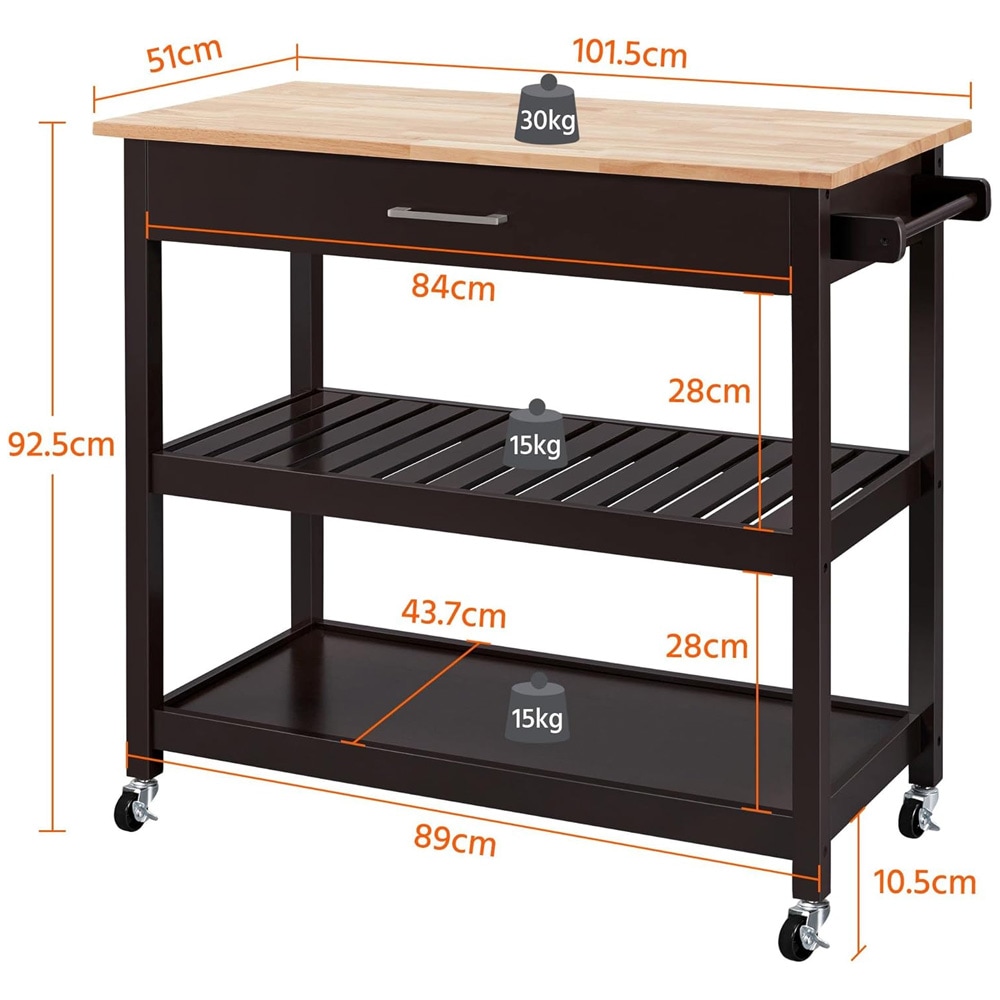 Serveringsvogn på hjul 51×101,5×92 cm / kjøkkenvogn / tralle med skuff og 2 hyller – Espressobrun