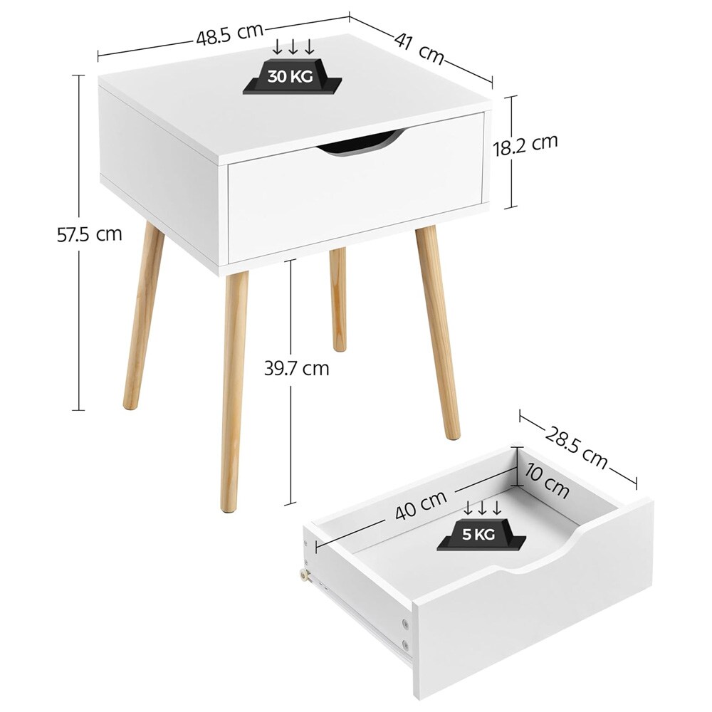 Nattbord med skuff 48,5×41×57,5 cm, 2 stk / sidebord / avlastningsbord med treben – Hvit