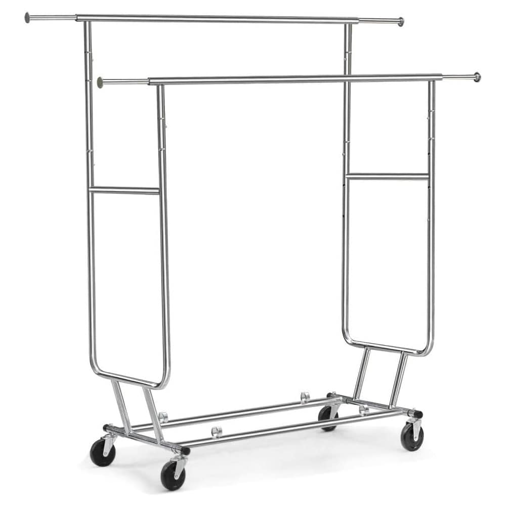 Klesstativ på hjul 55×128×173 cm / justerbart garderobestativ med 2 stenger – Sølv