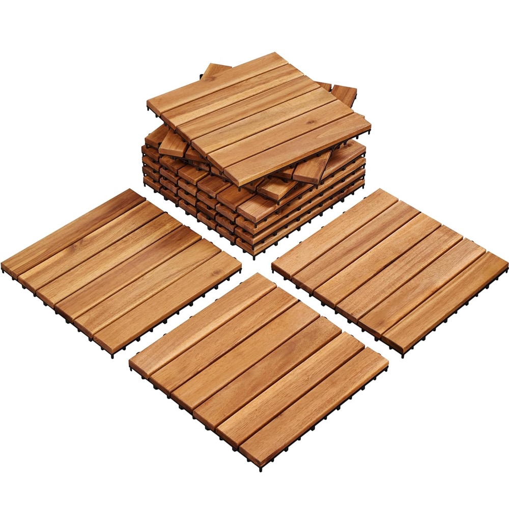 Fliser i akasietre 30×30 cm, 10 stk / klikkgulv til balkong og uteplass / terrassefliser med drenering – Natur