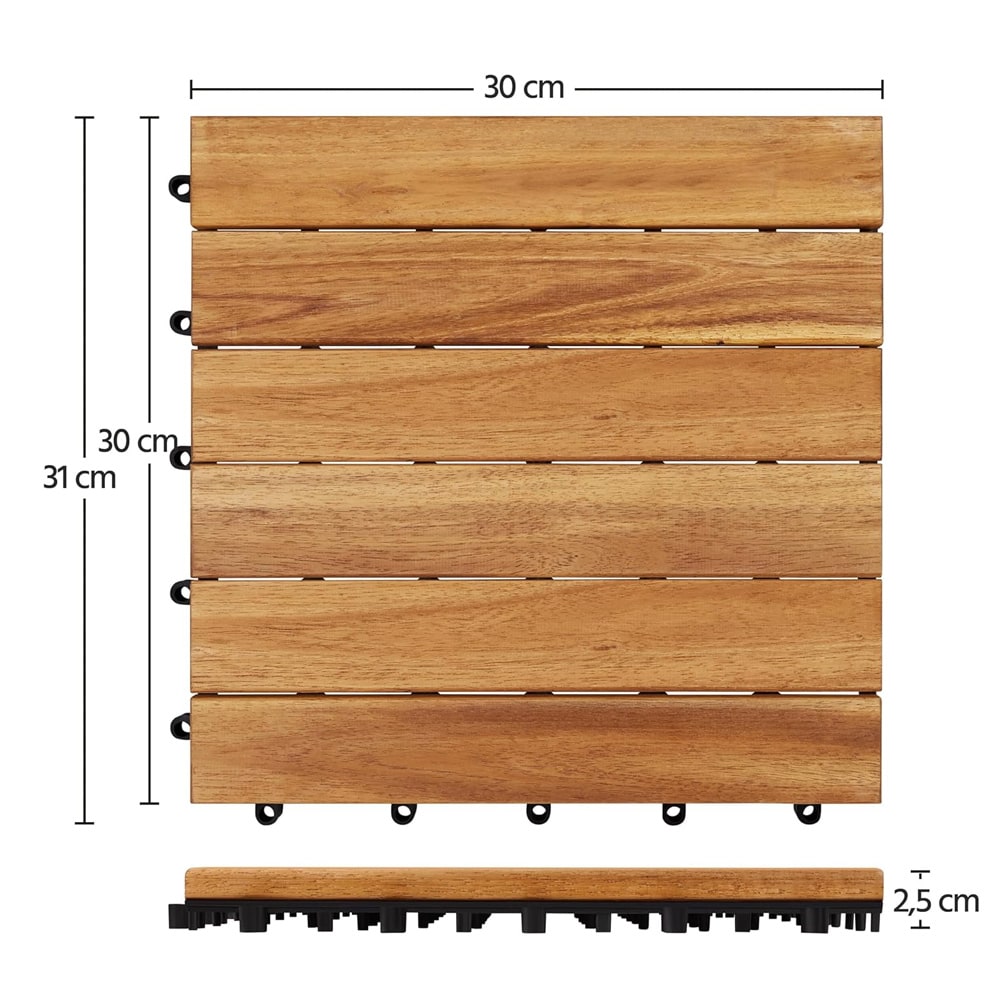 Fliser i akasietre 30×30 cm, 10 stk / klikkgulv til balkong og uteplass / terrassefliser med drenering – Natur