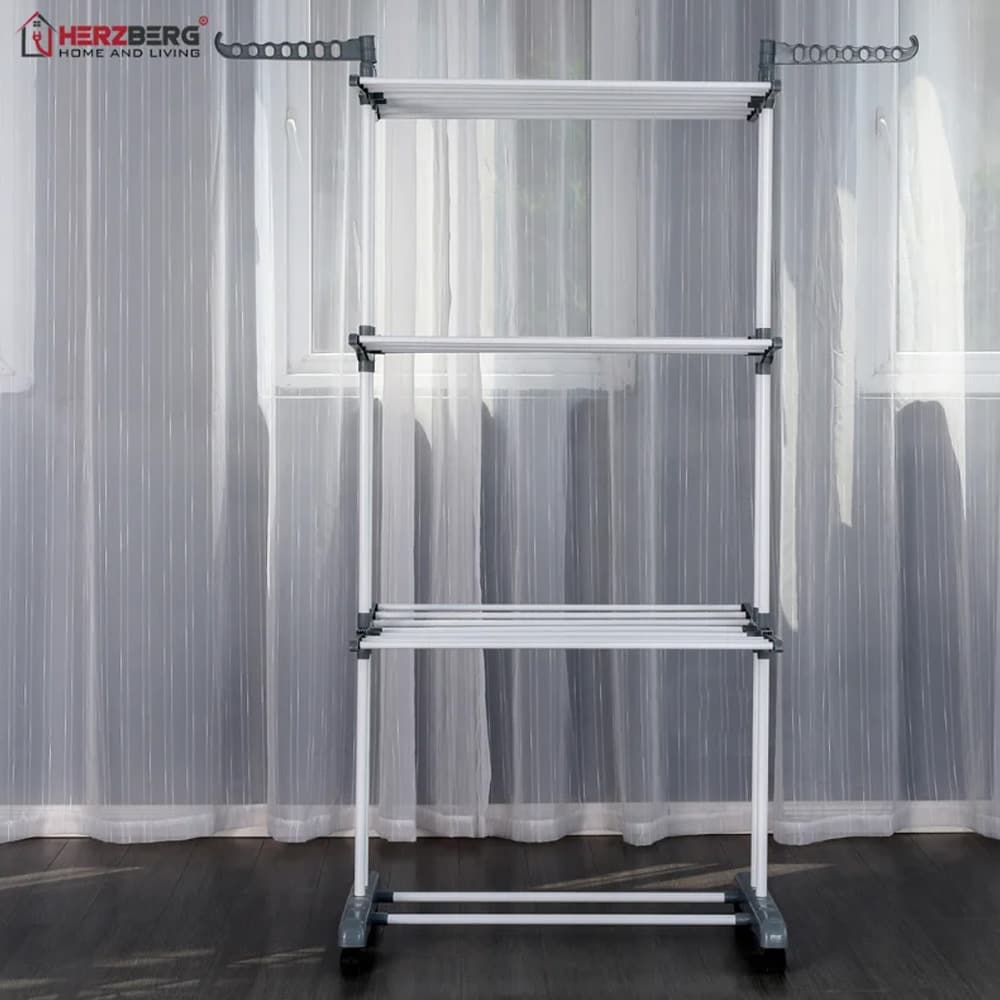 Sammenleggbart tørkestativ 126×64×172 cm / klesstativ på hjul med 4 nivåer og sidearmer – Grå