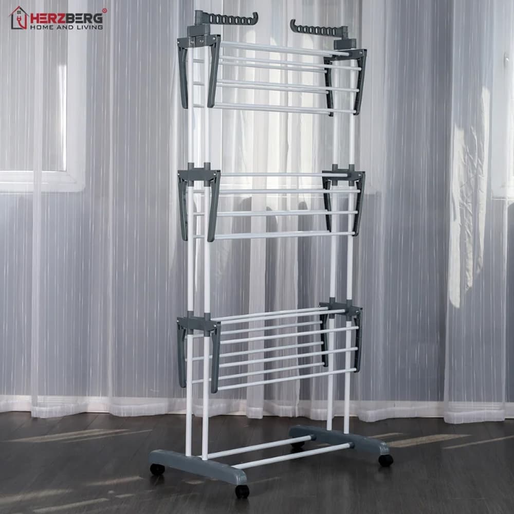 Sammenleggbart tørkestativ 126×64×172 cm / klesstativ på hjul med 4 nivåer og sidearmer – Grå