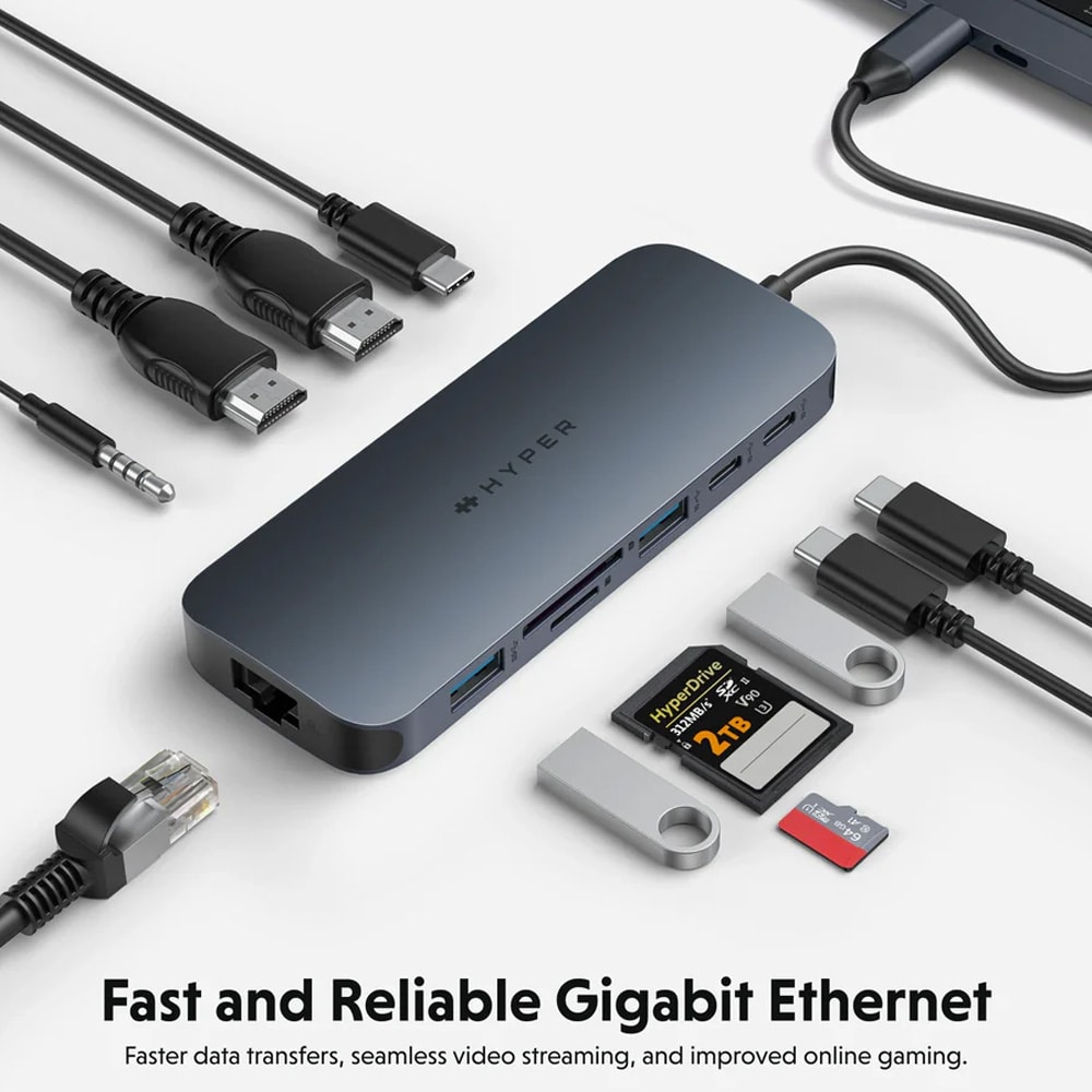 HyperDrive Next 11-ports USB-C-dokkingstasjon / USB-C-hub for to skjermer / 140 W PD-dokkingstasjon med kortleser