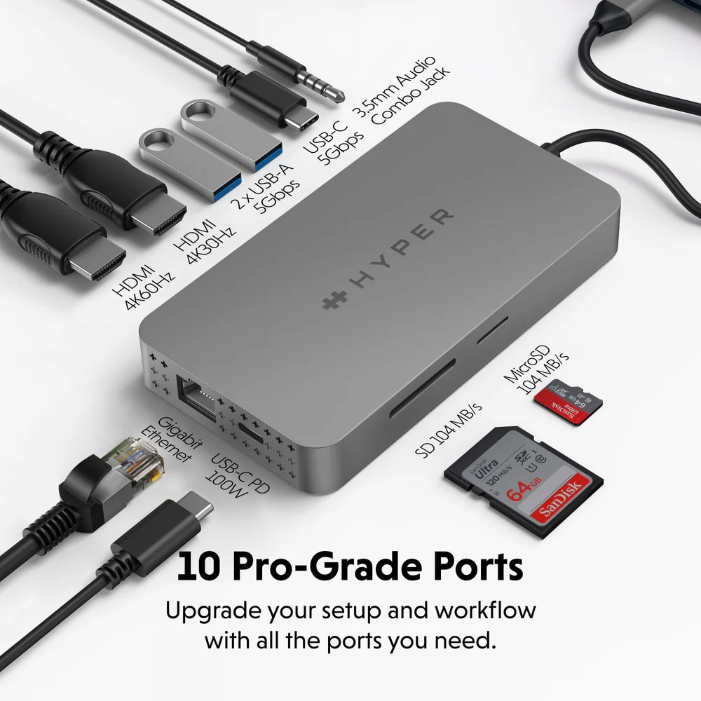 HyperDrive Next 10-porters USB-C-dokkingstasjon / USB-C-hub med to HDMI-porter / 100 W lading