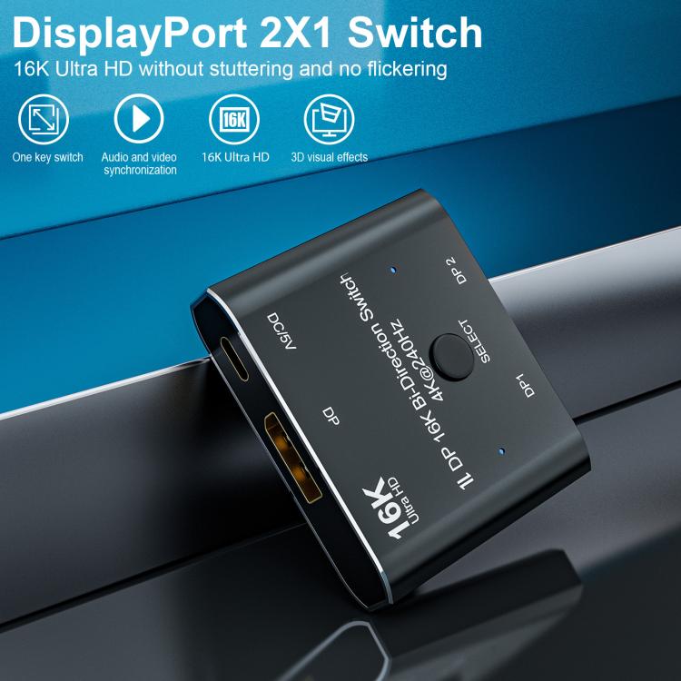 DisplayPort-bryter 16K / DisplayPort-bryter 2 inn 1 ut / DP-bryter toveis
