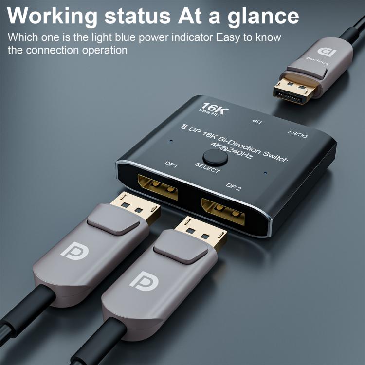 DisplayPort-bryter 16K / DisplayPort-bryter 2 inn 1 ut / DP-bryter toveis