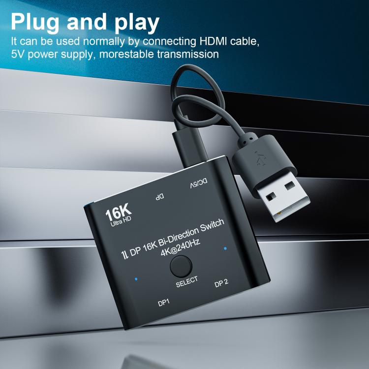 DisplayPort-bryter 16K / DisplayPort-bryter 2 inn 1 ut / DP-bryter toveis