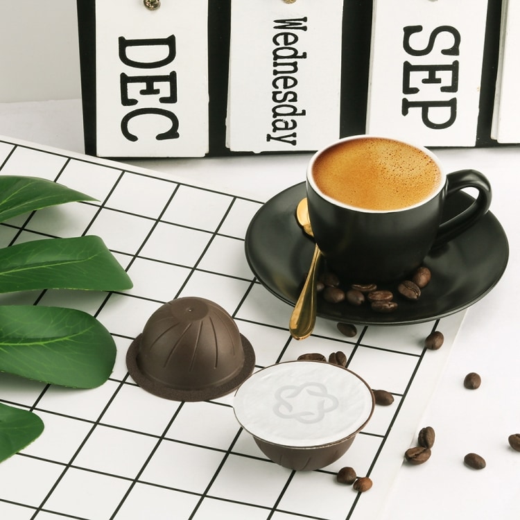 Kaffekapselhylser til Nespresso Vertuo Plus – Svart/brun + 100 aluminiumsfolier