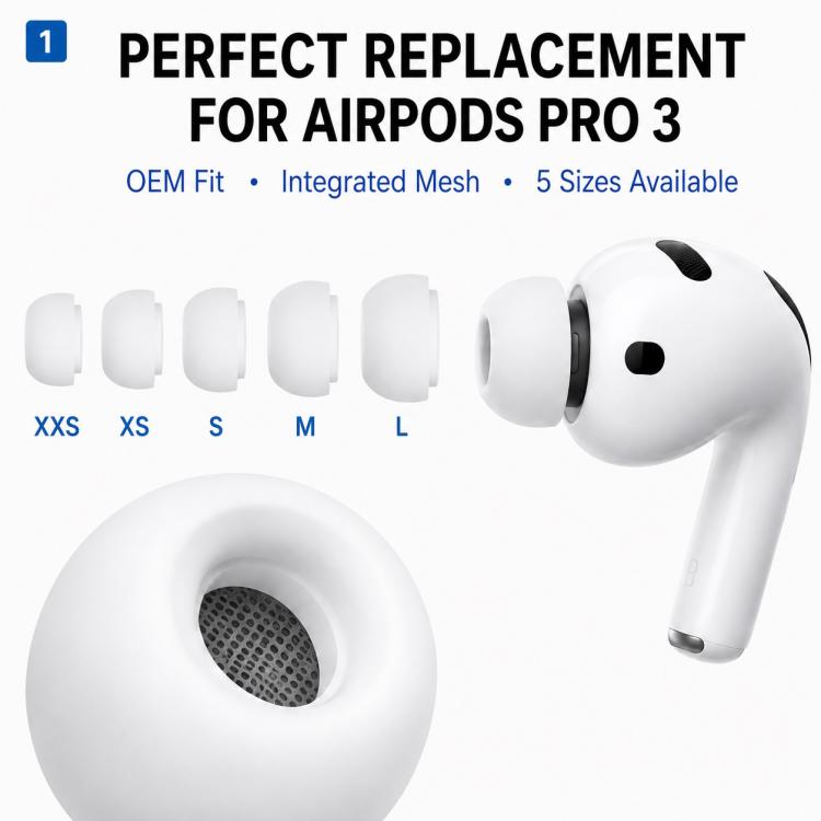 Silikonørepropper til AirPods Pro, 3 × 5 par, L·M·S·XS·XXS – Hvit · erstatningspropper