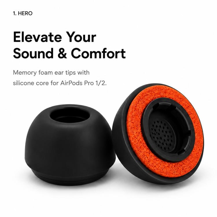 Ørepropper i skum til AirPods Pro 1–2, 4 par, L–M–S–XS – Svart–oransje – erstatningspropper