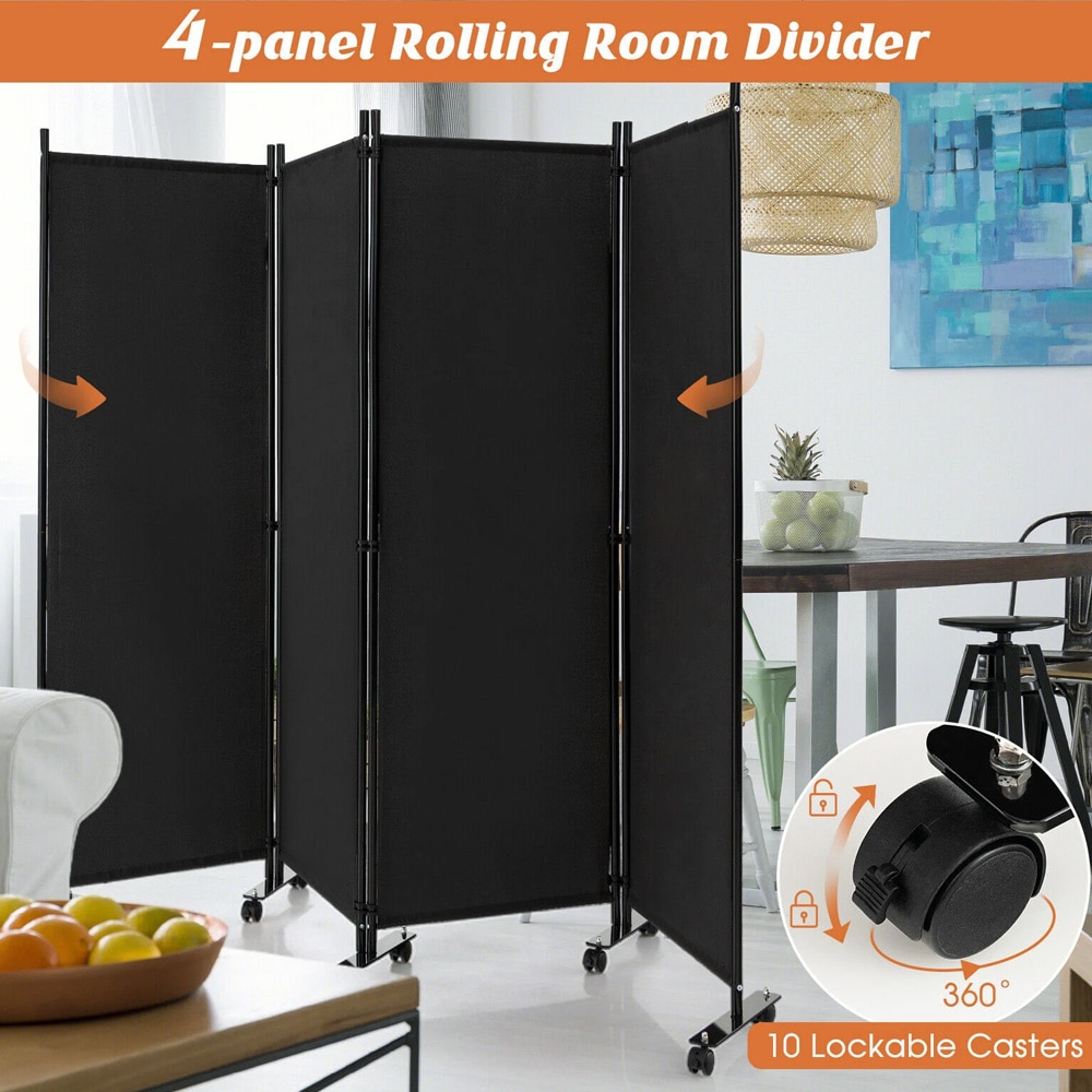 Mobil romdeler på hjul / 4-panel skjermvegg 226×173 cm / sammenleggbar skillevegg – Svart