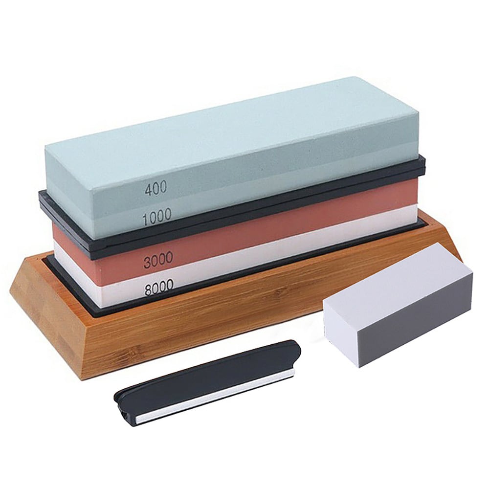 Slipesteiner 400/1000 og 3000/8000 grit / brynesteiner i hvit korund / knivslipingssett med bambusbase