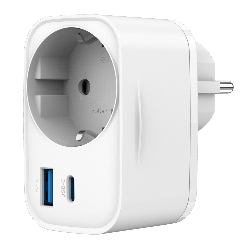 USB-hurtiglader 20 W med innebygd stikkontakt / USB-C PD og USB-A QC 3.0 / hvit lader / mobillader