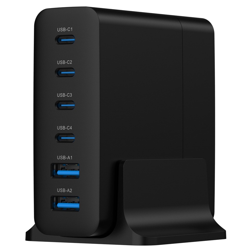 75 W ladestasjon med 4 x USB-C og 2 x USB / GaN-ladestasjon med seks porter