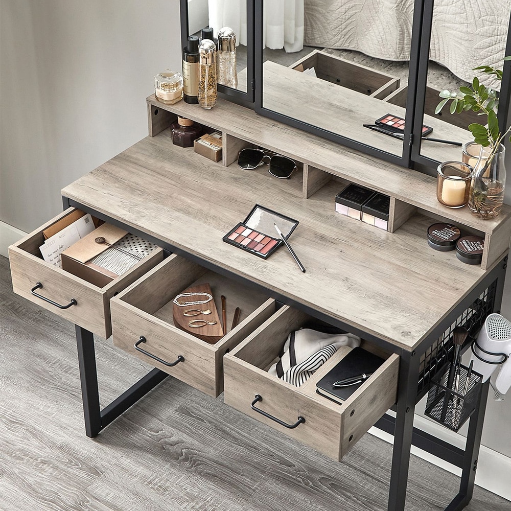 Sminkebord med speil og krakk / make-up-bord med 3 skuffer / toalettbord i industriell stil – gråbeige / svart