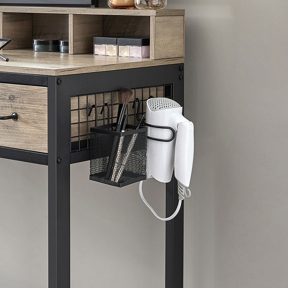 Sminkebord med speil og krakk / make-up-bord med 3 skuffer / toalettbord i industriell stil – gråbeige / svart