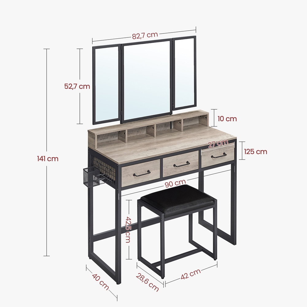 Sminkebord med speil og krakk / make-up-bord med 3 skuffer / toalettbord i industriell stil – gråbeige / svart