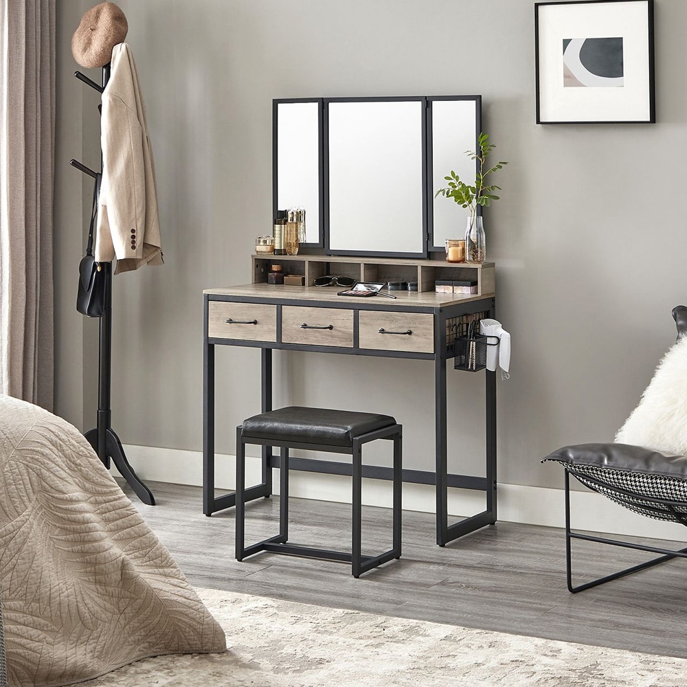 Sminkebord med speil og krakk / make-up-bord med 3 skuffer / toalettbord i industriell stil – gråbeige / svart
