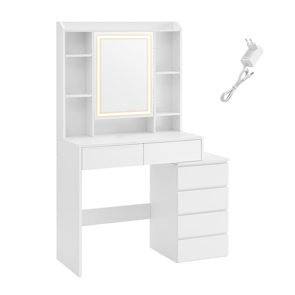 Sminkebord med LED-belysning 40 x 97,5 cm / toalettbord med speil / hvitt makeupbord med 6 skuffer