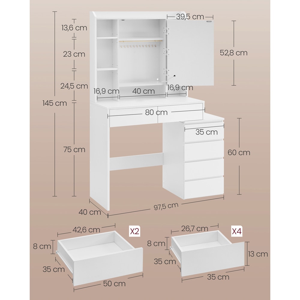Sminkebord med LED-belysning 40 x 97,5 cm / toalettbord med speil / hvitt makeupbord med 6 skuffer