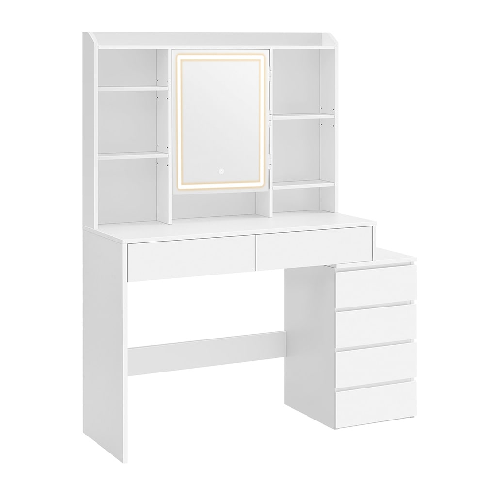 Sminkebord med LED-belysning 40 x 117,5 cm / toalettbord med speil / hvitt makeupbord med 6 skuffer