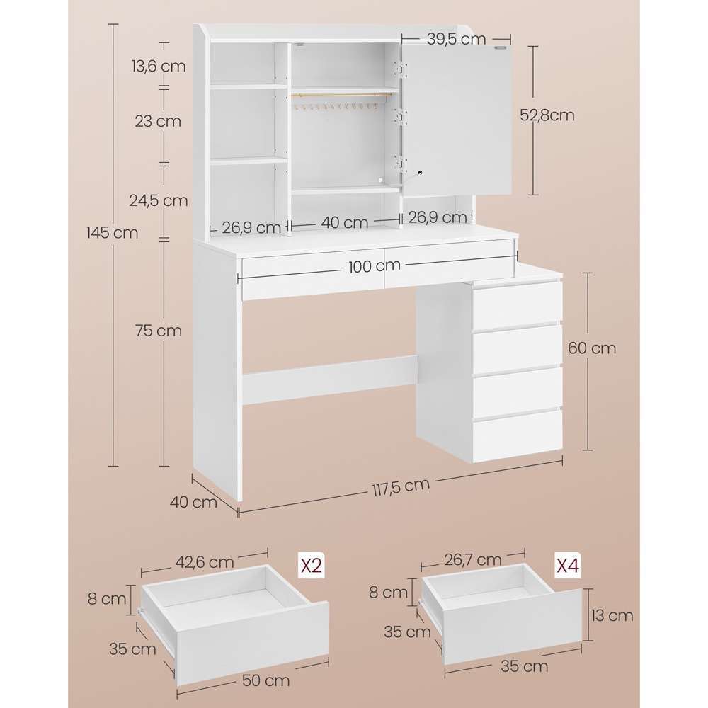 Sminkebord med LED-belysning 40 x 117,5 cm / toalettbord med speil / hvitt makeupbord med 6 skuffer