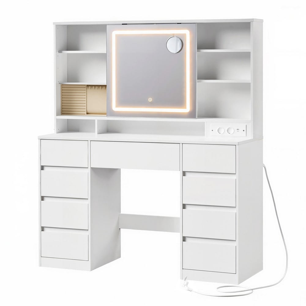Sminkebord med LED-speil 40 x 110 cm / toalettbord med stikkontakt / hvitt makeupbord med 9 skuffer