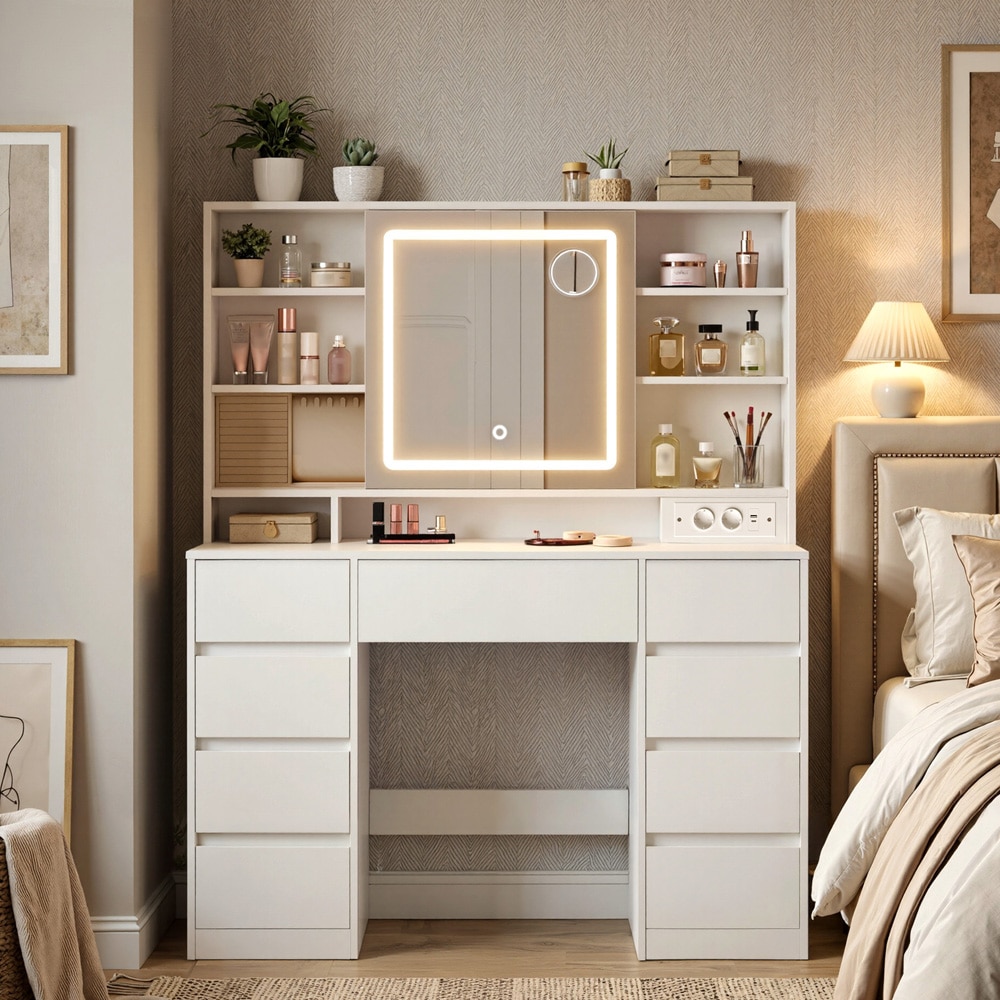 Sminkebord med LED-speil 40 x 110 cm / toalettbord med stikkontakt / hvitt makeupbord med 9 skuffer