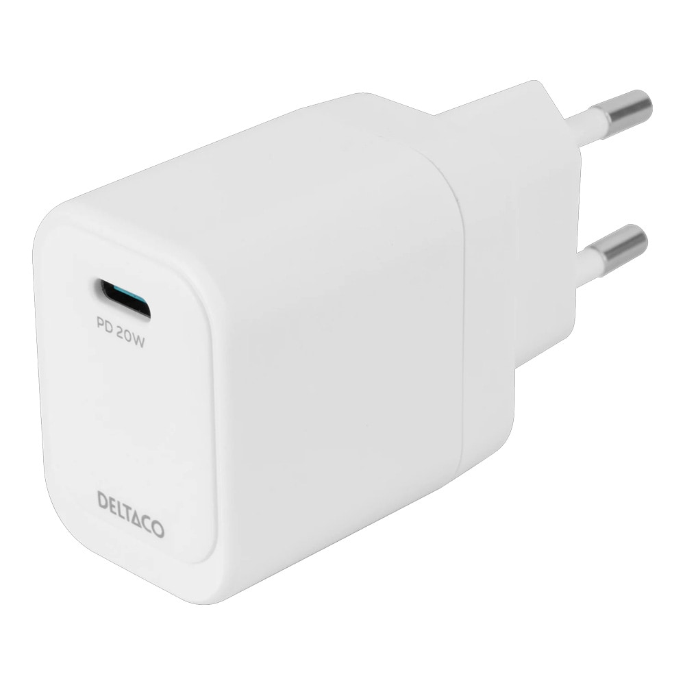 Deltaco USB-C-lader 1xUSB-C PD 20W - Hvit / USB-C-vegglader med Power Delivery