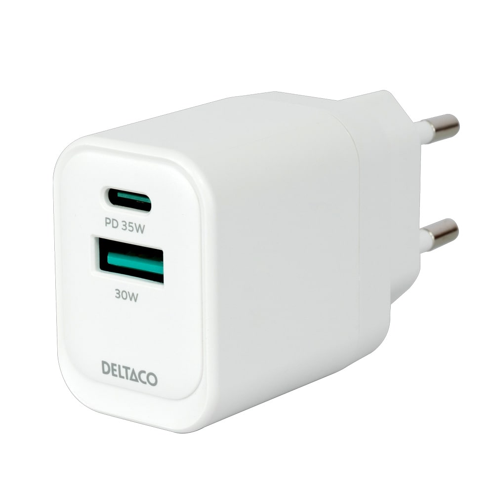 Deltaco USB GaN-vegglader med 1 x USB 30 W, 1 x USB-C PD 35 W / GaN-lader med USB-A og USB-C