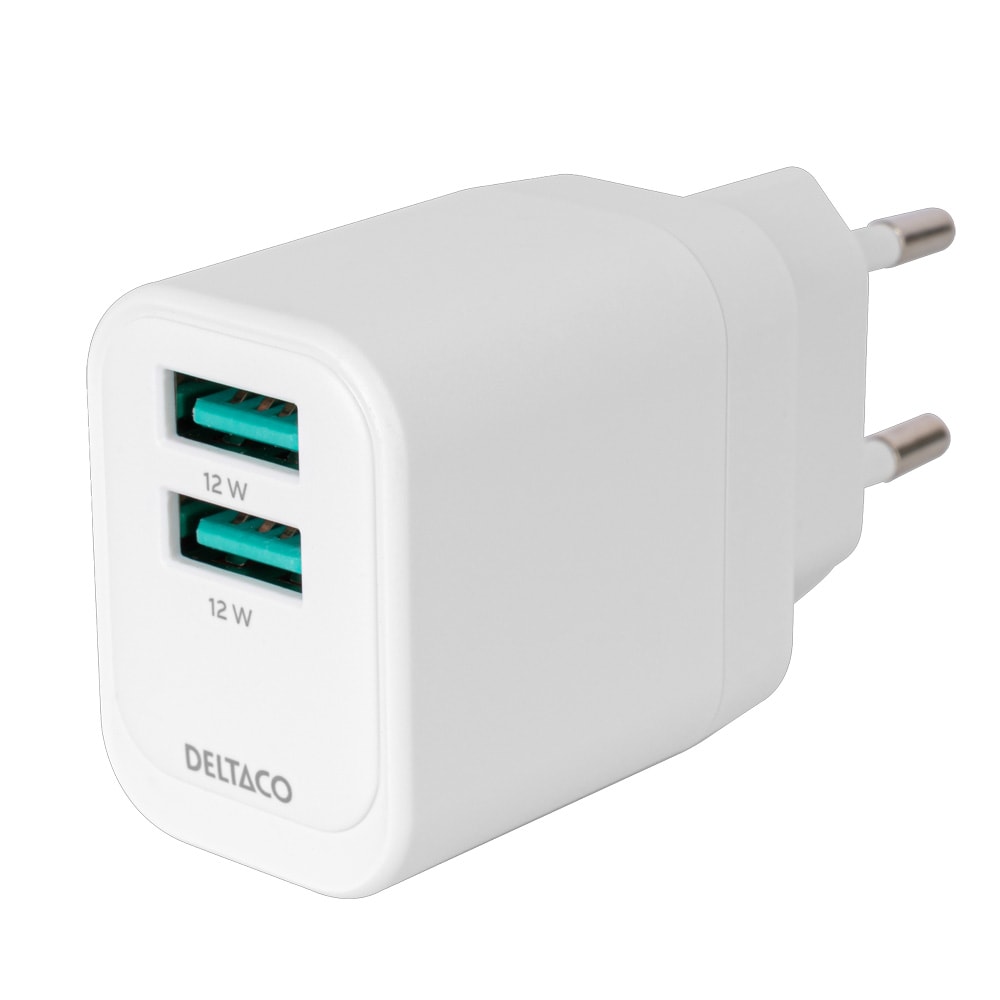 Deltaco USB-vegglader 2 x USB 12 W / USB-A-vegglader med to porter