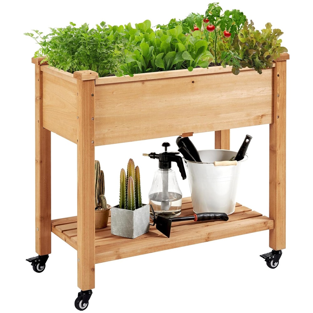 Dyrkekasse på hjul 87 x 47 x 83,5 cm / hevet plantekasse med hylle / blomsterkasse i tre