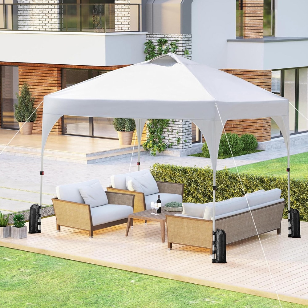 Sammenleggbar paviljong 2,43 x 2,43 m / hvitt pop-up-festtelt med UV-beskyttelse 50+ / hagetelt med transportveske
