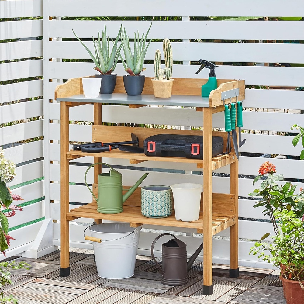 Plantebord 77 x 37 x 90 cm / dyrkingsbord i tre med galvanisert arbeidsflate / hagebord med hyller