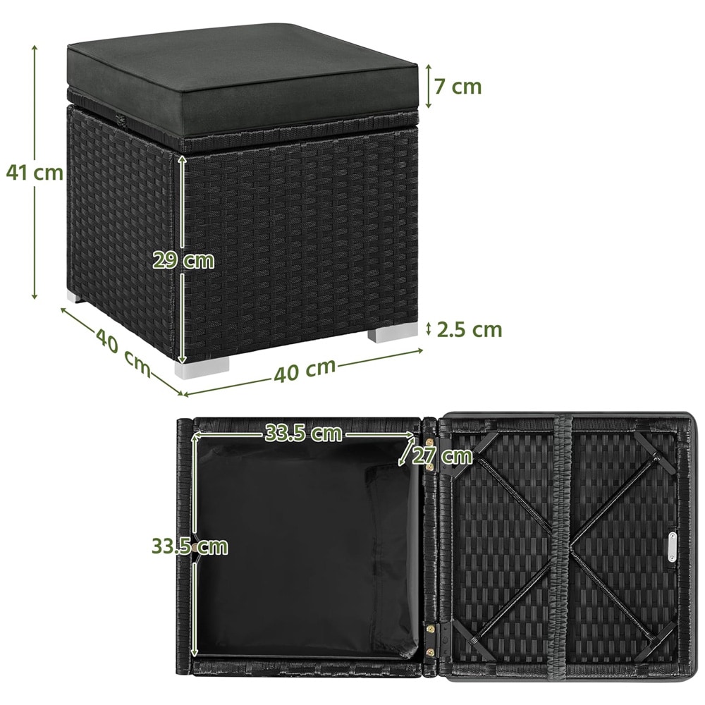 Krakker i kunstrotting 2-pakning 39 x 39 x 34 cm / svarte fotskamler med grå puter og oppbevaring / sittepuffer