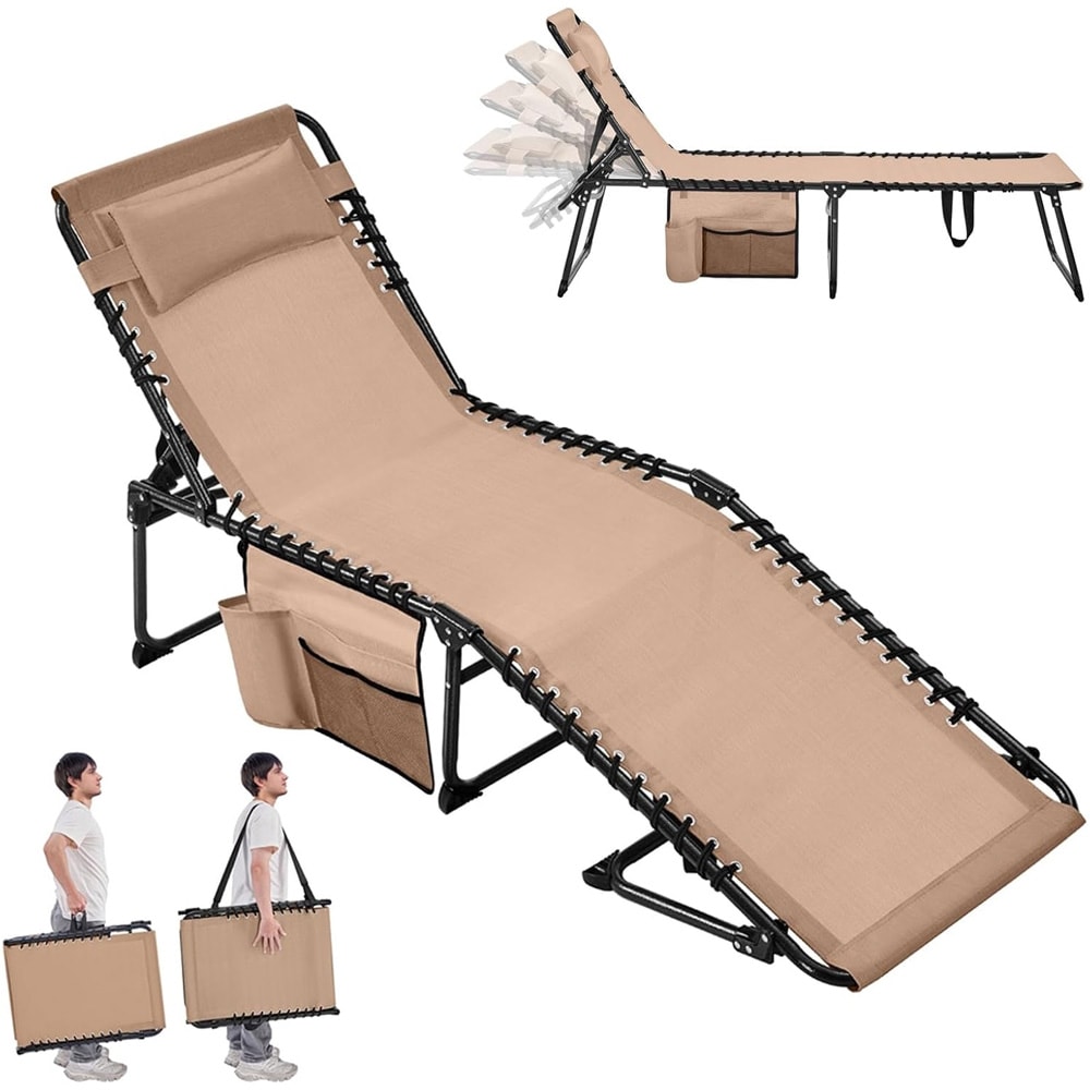 Sammenleggbar solseng 189 x 57 x 38 cm / beige liggeseng med justerbar ryggstøtte / bærbar liggestol med sidelomme