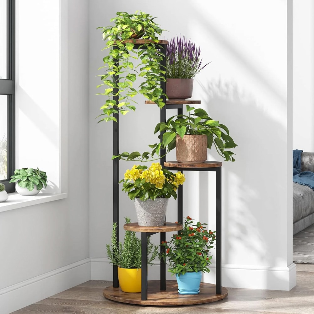 Plantehylle i tre og metall / 4-etasjes blomsterstativ til hjørnet