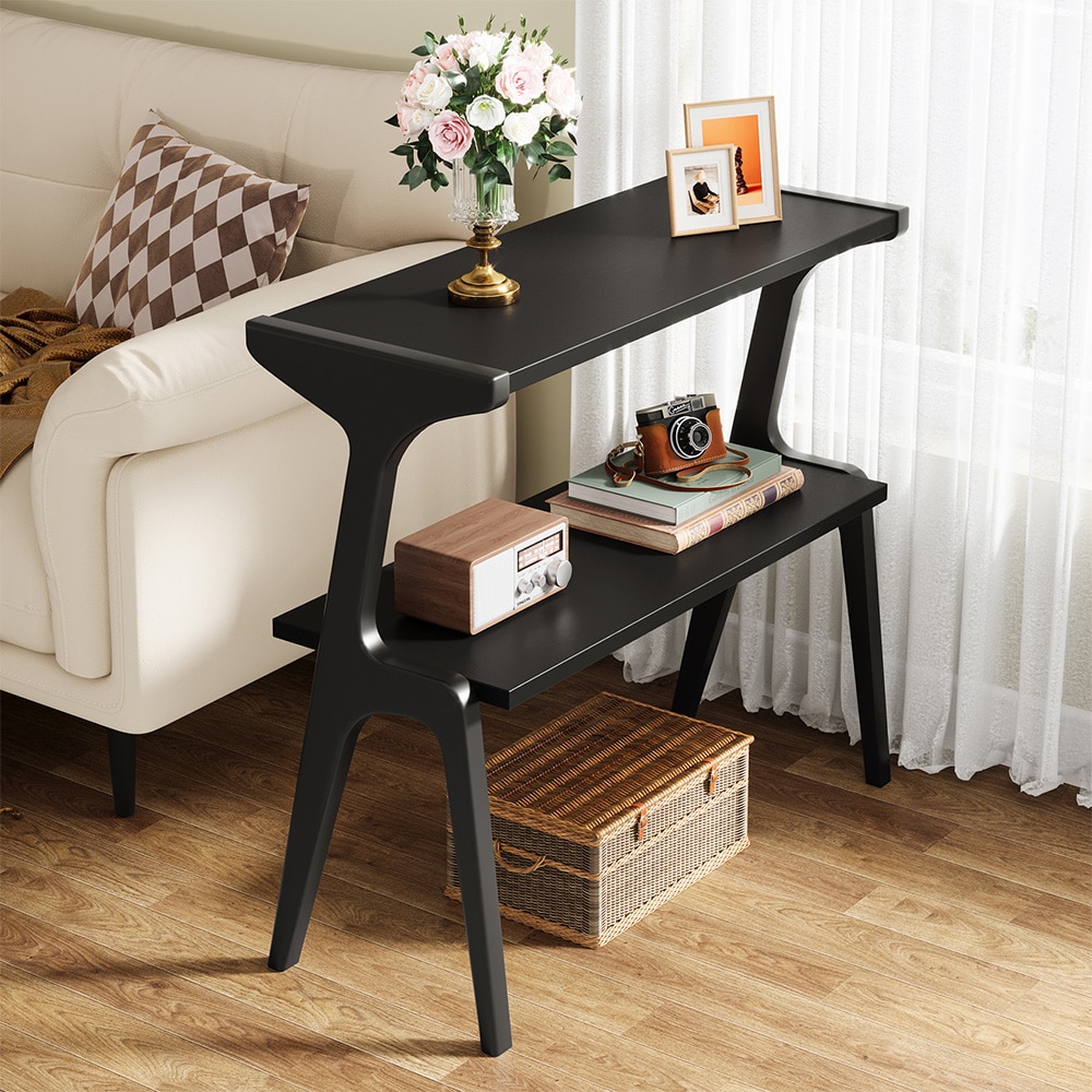 Smalt sidebord i massivt tre / To-etasjes sidebord med oppbevaringshylle – Svart