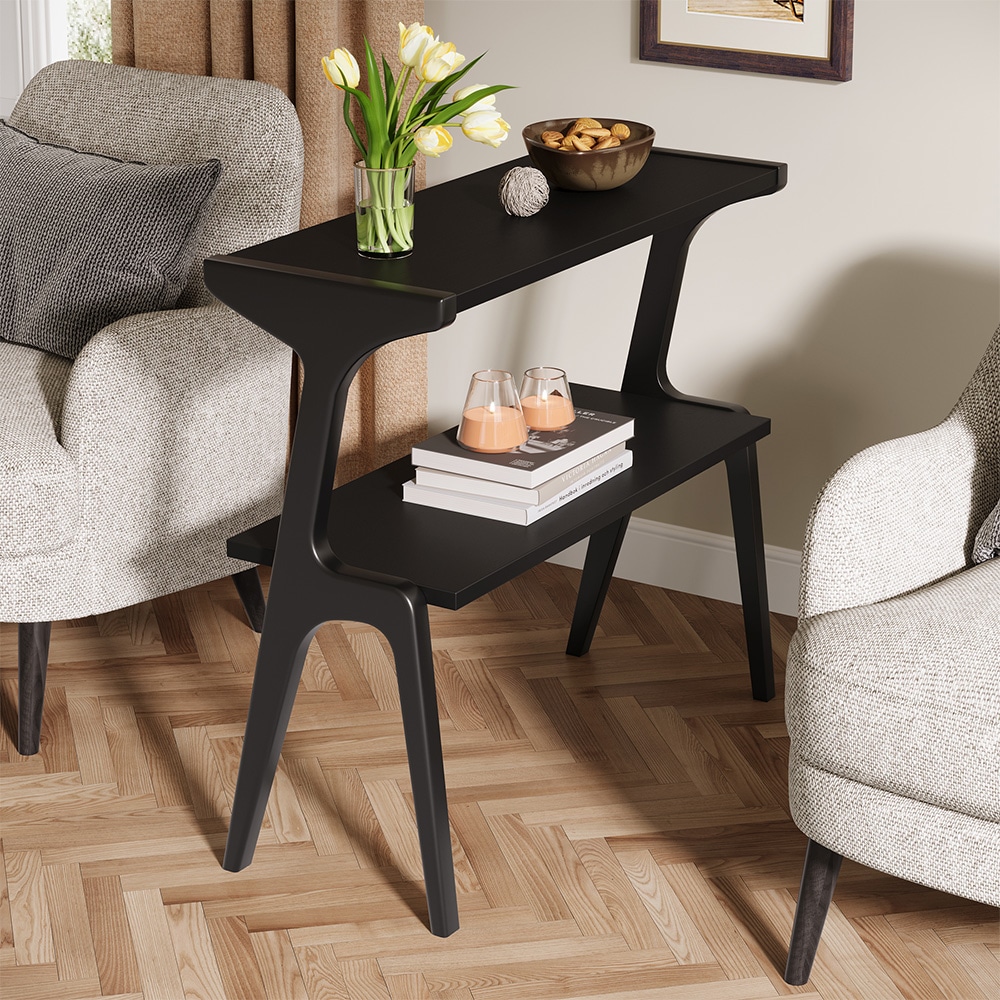 Smalt sidebord i massivt tre / To-etasjes sidebord med oppbevaringshylle – Svart